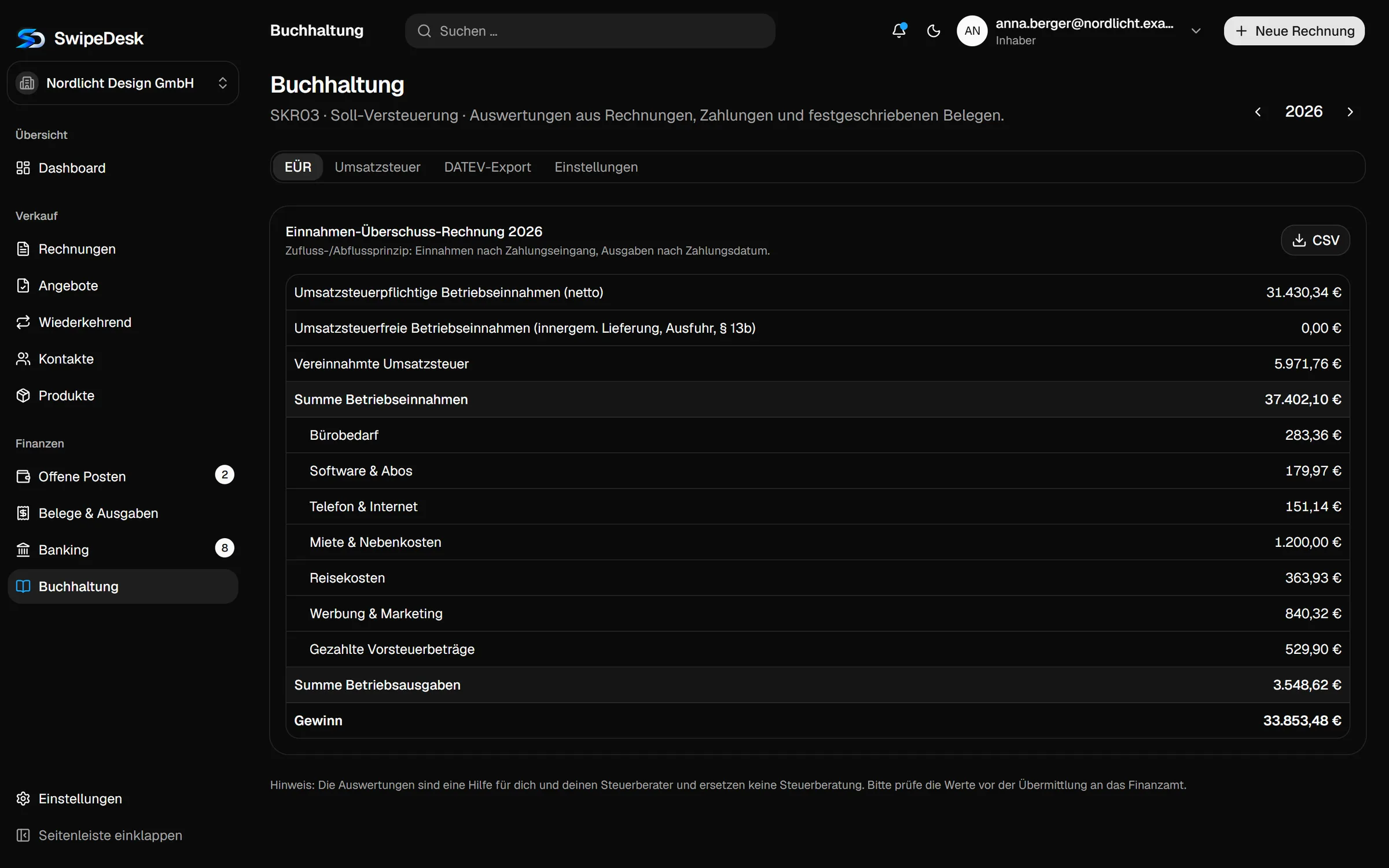 Einnahmen-Überschuss-Rechnung in SwipeDesk