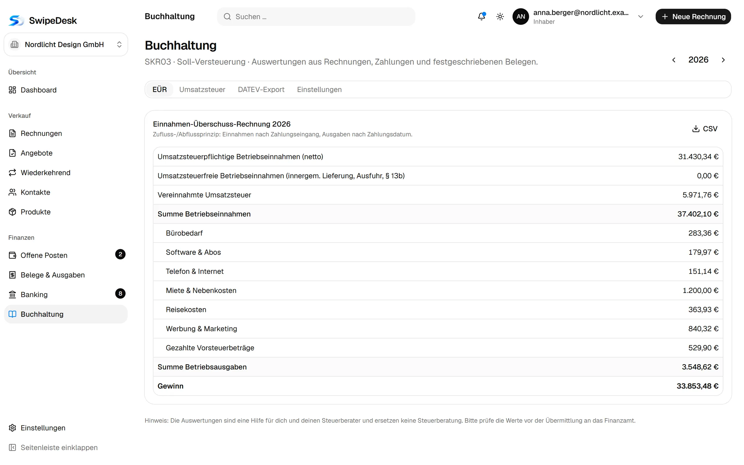 Einnahmen-Überschuss-Rechnung in SwipeDesk