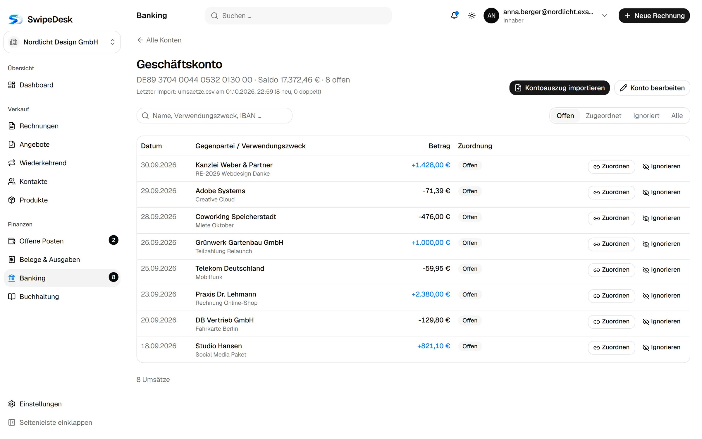 Bankumsätze in SwipeDesk mit Zuordnung zu Rechnungen