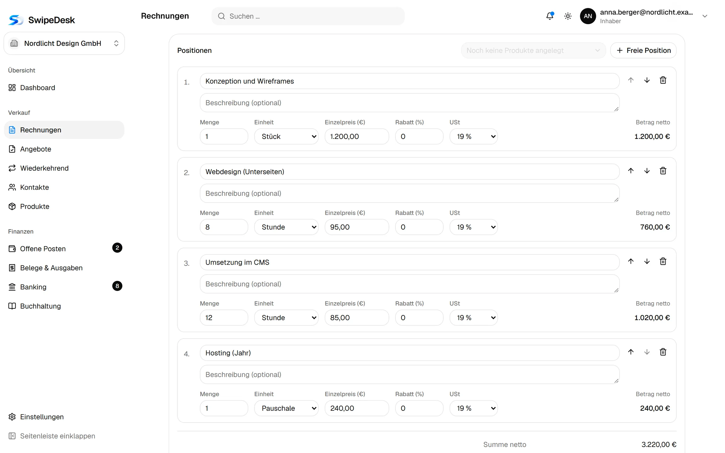 Rechnungseditor von SwipeDesk mit Positionen und Summen